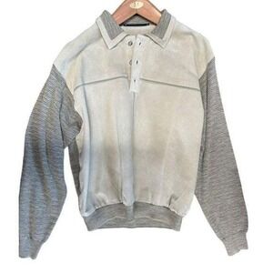 Vintage Saxony‎ Mens Medium Tan Suede Knit Sweater Collared Pullover Lined